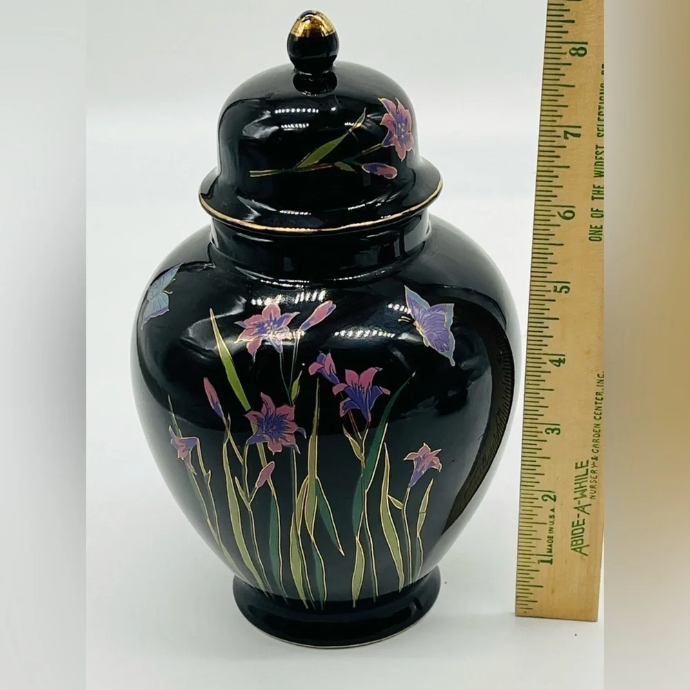 Ornate Japanese Black Glazed Ceramic Ginger Jar